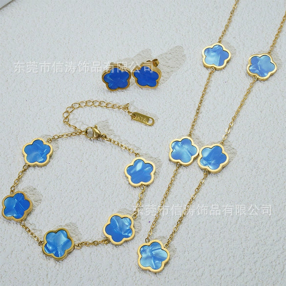 Wholesale Five Leaf Flower Single Sided Plant Jewelry Set For Women Titanium Steel Electroplated Necklace Earrings Bracelets With O Chain