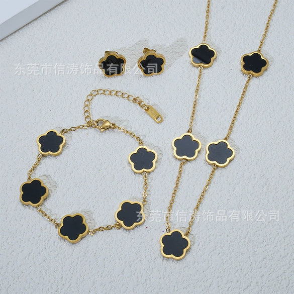 Wholesale Five Leaf Flower Single Sided Plant Jewelry Set For Women Titanium Steel Electroplated Necklace Earrings Bracelets With O Chain