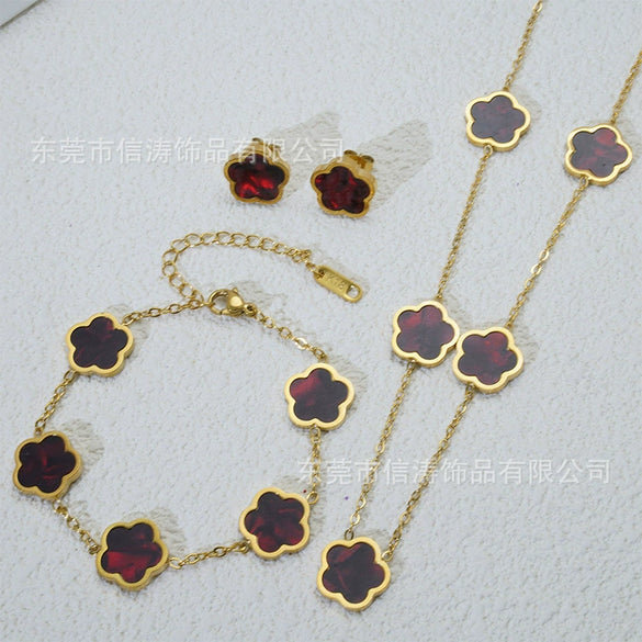 Wholesale Five Leaf Flower Single Sided Plant Jewelry Set For Women Titanium Steel Electroplated Necklace Earrings Bracelets With O Chain