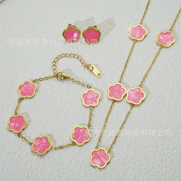 Wholesale Five Leaf Flower Single Sided Plant Jewelry Set For Women Titanium Steel Electroplated Necklace Earrings Bracelets With O Chain
