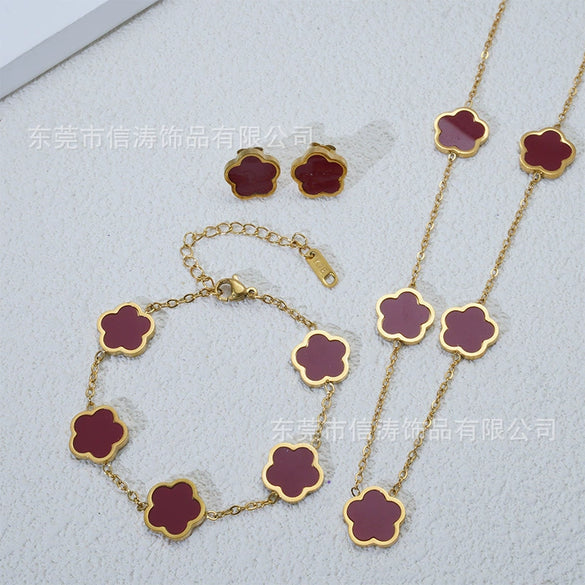 Wholesale Five Leaf Flower Single Sided Plant Jewelry Set For Women Titanium Steel Electroplated Necklace Earrings Bracelets With O Chain