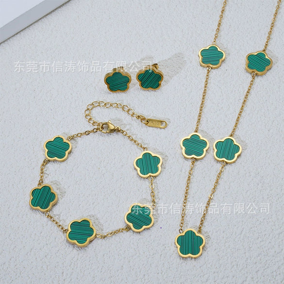 Wholesale Five Leaf Flower Single Sided Plant Jewelry Set For Women Titanium Steel Electroplated Necklace Earrings Bracelets With O Chain