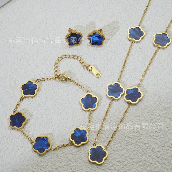 Wholesale Five Leaf Flower Single Sided Plant Jewelry Set For Women Titanium Steel Electroplated Necklace Earrings Bracelets With O Chain