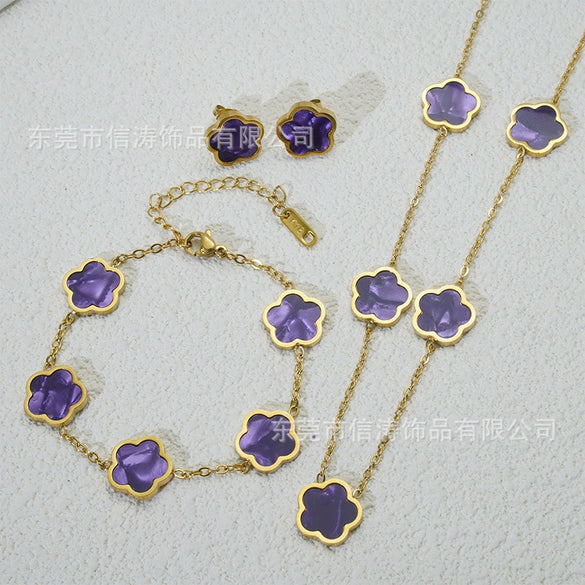 Wholesale Five Leaf Flower Single Sided Plant Jewelry Set For Women Titanium Steel Electroplated Necklace Earrings Bracelets With O Chain