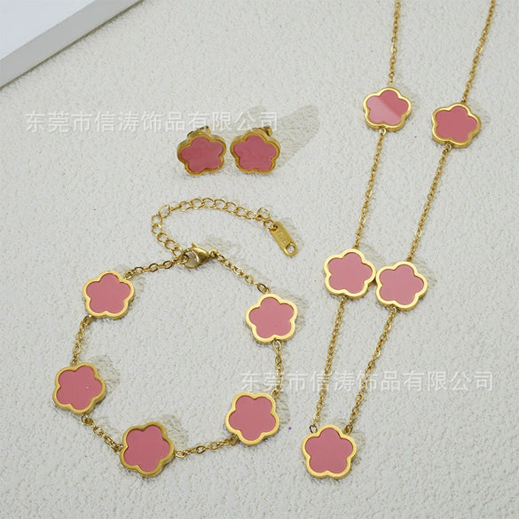 Wholesale Five Leaf Flower Single Sided Plant Jewelry Set For Women Titanium Steel Electroplated Necklace Earrings Bracelets With O Chain