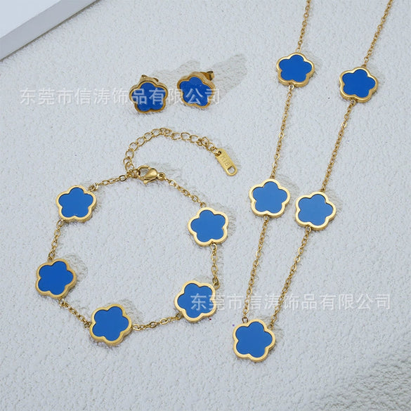 Wholesale Five Leaf Flower Single Sided Plant Jewelry Set For Women Titanium Steel Electroplated Necklace Earrings Bracelets With O Chain