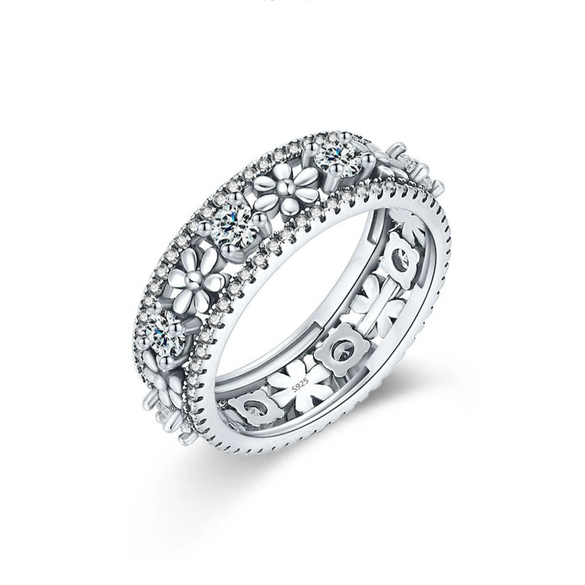 Wholesale Flower Patterned S925 Sterling Silver Inlaid Zircon Women's Retro Ring