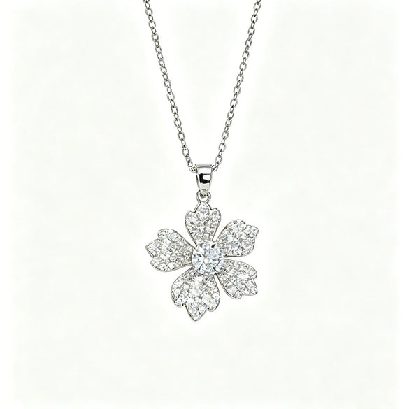 Wholesale Flower Shape Zircon Inlaid Copper Pendant Titanium Steel Oshaped Chain Necklace For Women Light Luxury Style