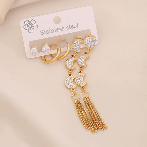 Wholesale Flower Tassel Earrings With Water Droplets And Moon Design Stainless Steel Electroplated For Women