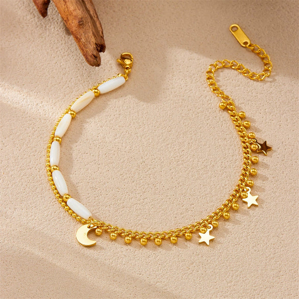 Wholesale Foot Accessories Stainless Steel Goldplated Doublelayer Chain Rice Bead Splicing Star Anklet For Women