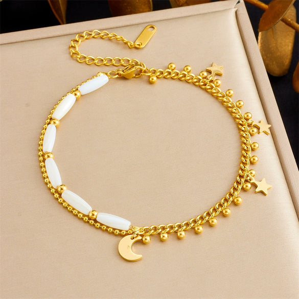 Wholesale Foot Accessories Stainless Steel Goldplated Doublelayer Chain Rice Bead Splicing Star Anklet For Women