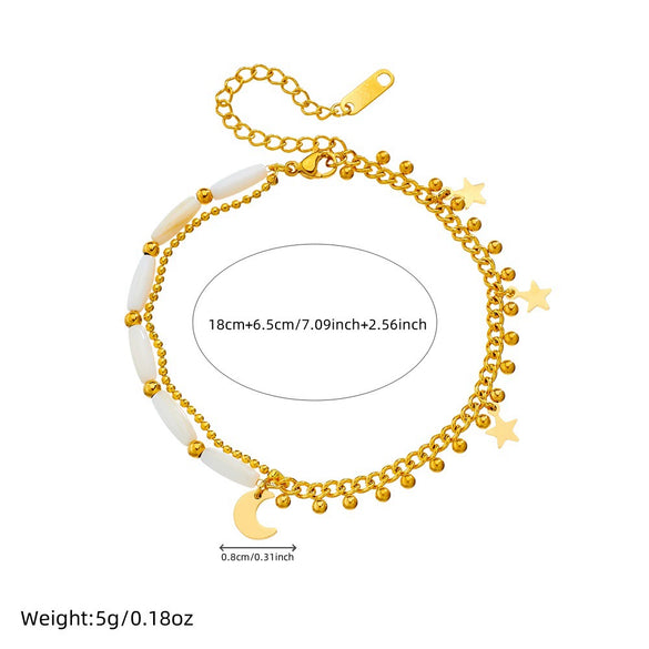 Wholesale Foot Accessories Stainless Steel Goldplated Doublelayer Chain Rice Bead Splicing Star Anklet For Women