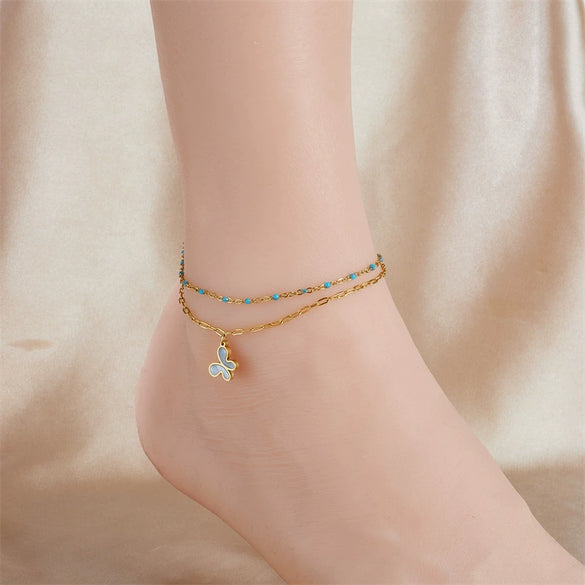 Wholesale Foot Chain Stainless Steel Gold Plated Butterfly Flower Pendant Retro Fashion Style