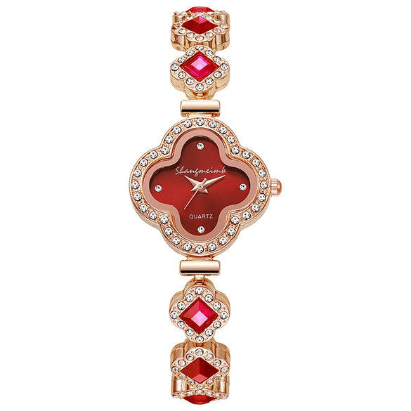Wholesale Fourleaf Clover Flower Shape Alloy Rhinestone Emerald Bracelet Watch For Women With Sapphire Crystal Glass Mirror And Stainless Steel Buckle