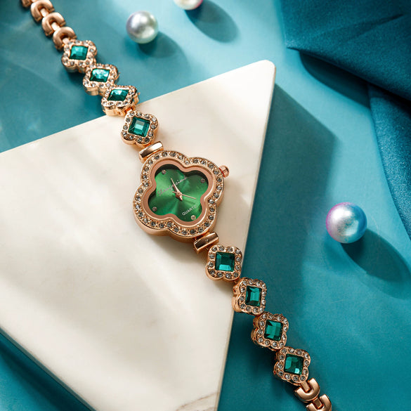 Wholesale Fourleaf Clover Flower Shape Alloy Rhinestone Emerald Bracelet Watch For Women With Sapphire Crystal Glass Mirror And Stainless Steel Buckle