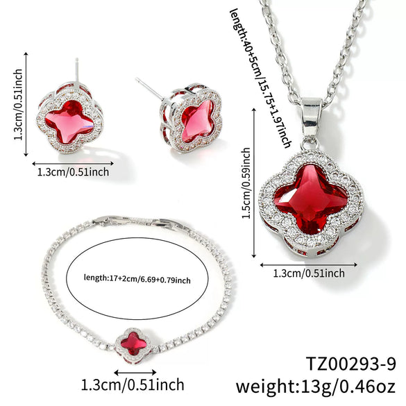 Wholesale Fourleaf Clover Pendant Multicolor Sweet Fashion Copper Jewelry Set With Inlaid Zircon Electroplated Earrings Bracelet And Necklace