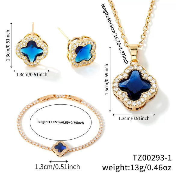 Wholesale Fourleaf Clover Pendant Multicolor Sweet Fashion Copper Jewelry Set With Inlaid Zircon Electroplated Earrings Bracelet And Necklace