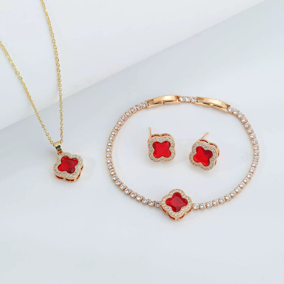 Wholesale Fourleaf Clover Pendant Multicolor Sweet Fashion Copper Jewelry Set With Inlaid Zircon Electroplated Earrings Bracelet And Necklace