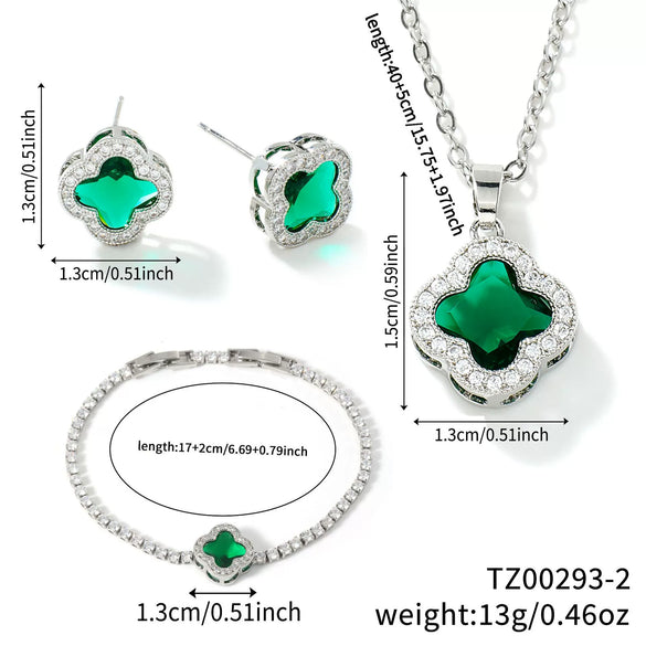 Wholesale Fourleaf Clover Pendant Multicolor Sweet Fashion Copper Jewelry Set With Inlaid Zircon Electroplated Earrings Bracelet And Necklace