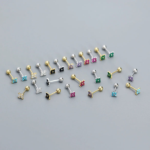 Wholesale Fourleaf Clover Piercing Earrings For Women S925 Silver Floral Zircon Thread Ear Nail Overlapped Electroplated