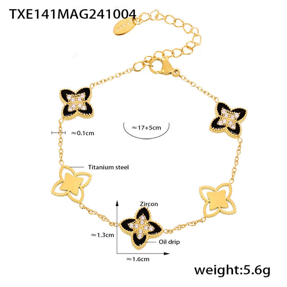 Wholesale Fourleaf Flower Dripping Oil Zircon Full Diamond Titanium Steel Bracelet Necklace For Girls With Electroplating Design