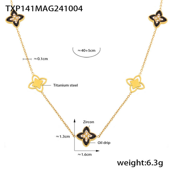 Wholesale Fourleaf Flower Dripping Oil Zircon Full Diamond Titanium Steel Bracelet Necklace For Girls With Electroplating Design