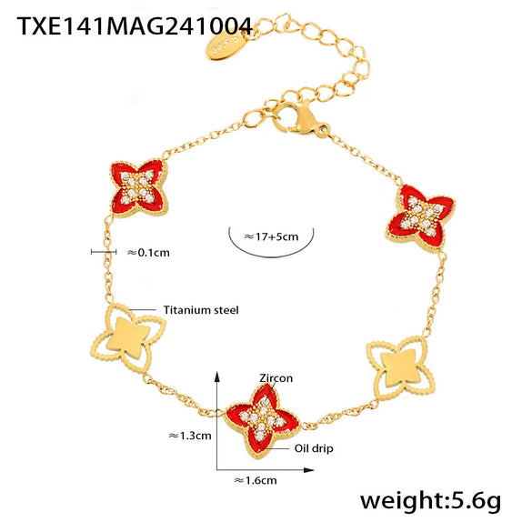 Wholesale Fourleaf Flower Dripping Oil Zircon Full Diamond Titanium Steel Bracelet Necklace For Girls With Electroplating Design