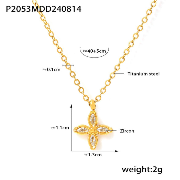 Wholesale Fourpetal Flower Zircon Pendant Collarbone Necklace And Open Ring For Women Titanium Steel 18K Gold Plated Electroplated