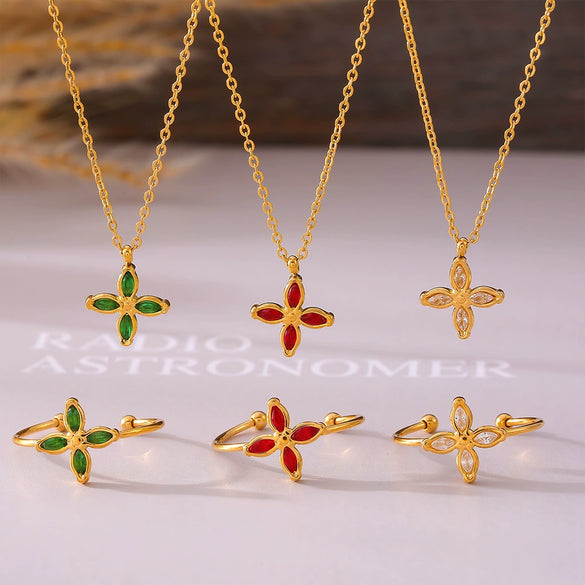 Wholesale Fourpetal Flower Zircon Pendant Collarbone Necklace And Open Ring For Women Titanium Steel 18K Gold Plated Electroplated
