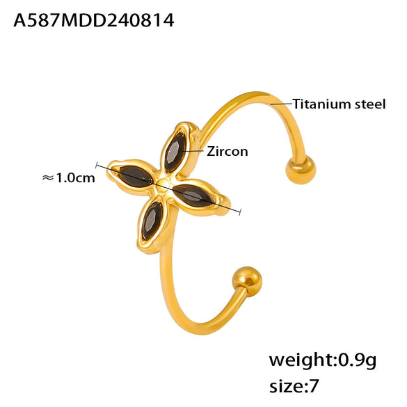 Wholesale Fourpetal Flower Zircon Pendant Collarbone Necklace And Open Ring For Women Titanium Steel 18K Gold Plated Electroplated