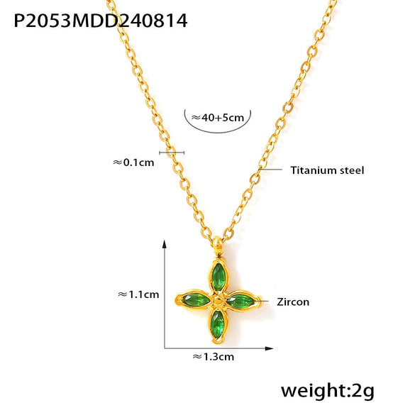 Wholesale Fourpetal Flower Zircon Pendant Collarbone Necklace And Open Ring For Women Titanium Steel 18K Gold Plated Electroplated