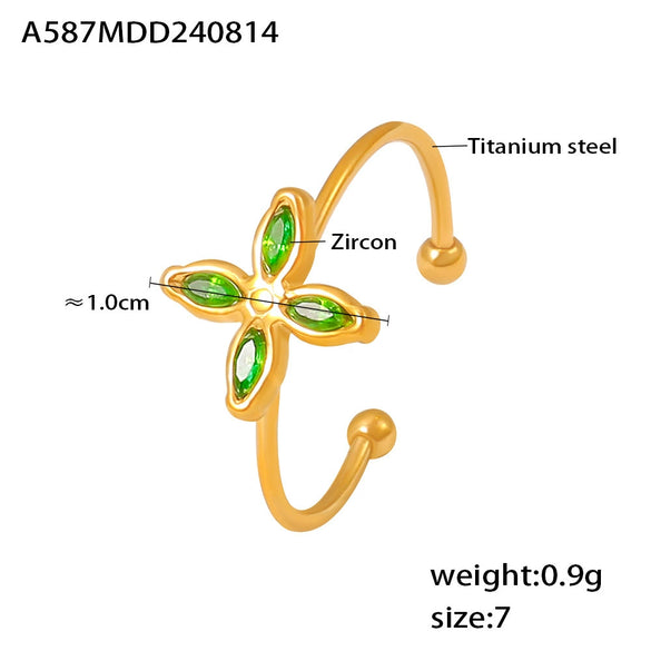 Wholesale Fourpetal Flower Zircon Pendant Collarbone Necklace And Open Ring For Women Titanium Steel 18K Gold Plated Electroplated