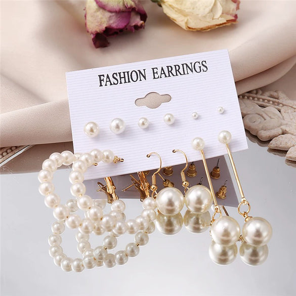 Wholesale French Retro Artificial Pearl Love Earrings Set Six Pairs Geometric Style Electroplated