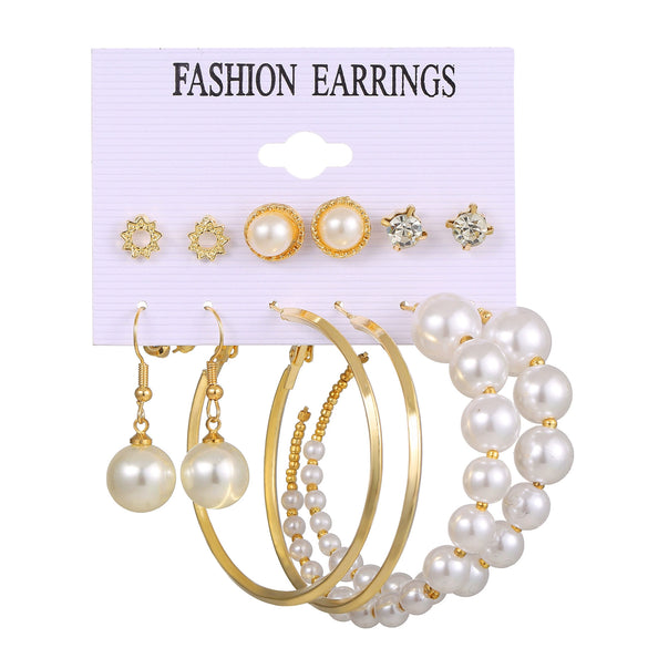 Wholesale French Retro Artificial Pearl Love Earrings Set Six Pairs Geometric Style Electroplated
