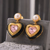 Wholesale French Retro Earrings With Imitation Pearl And Heart Shaped Three Dimensional Glass Stone Copper Material Electroplating Design