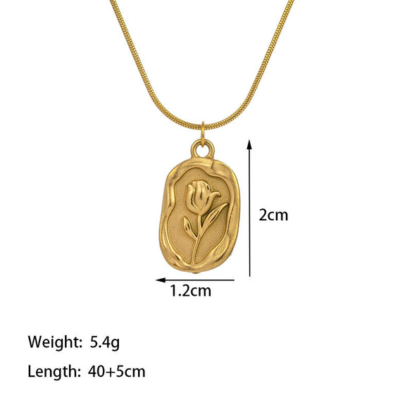 Wholesale French Retro Embossed Tulip K Goldplated Titanium Steel Pendant Necklace For Women