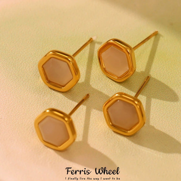 Wholesale French Retro Geometric Ferris Wheel Faceted Hexagonal Opal Stainless Steel Goldplated Women's Earrings