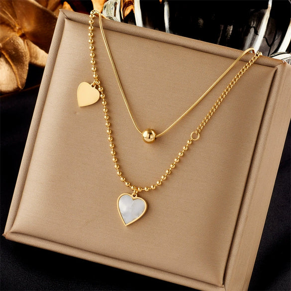 Wholesale French Retro High Grade Simple Love Pendant Titanium Steel Multi Layer Stacked Chain Jewelry Necklace With Geometric Pattern And Electroplating