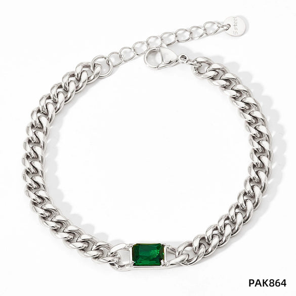Wholesale French Retro Metal Bracelet With Cuban Chain Emerald Zircon Stainless Steel Geometric Styling Electroplating Treatment