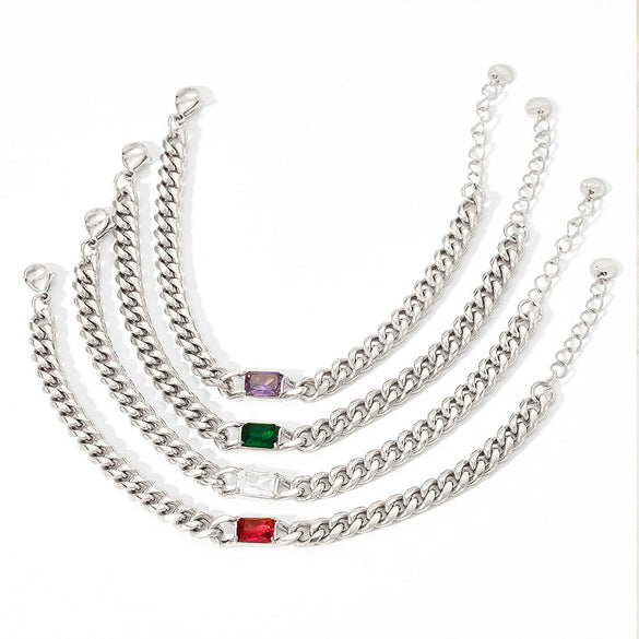 Wholesale French Retro Metal Bracelet With Cuban Chain Emerald Zircon Stainless Steel Geometric Styling Electroplating Treatment