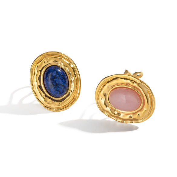 Wholesale French Retro Natural Stone Lapis Lazuli Open Ring For Women Elegant Waterproof Titanium Steel Geometric Shape Electroplating Processing