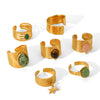 Wholesale French Retro Natural Stone Stainless Steel Open Ring With Geometric Pattern And Electroplating For Women