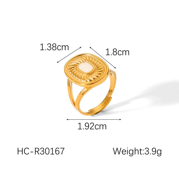 Wholesale French Retro Natural Stone Stainless Steel Open Ring With Geometric Pattern And Electroplating For Women