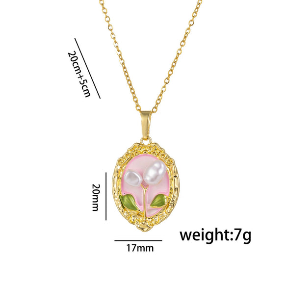 Wholesale French Retro Oil Dropping Baroque Freshwater Pearl Light Luxury Enamel Painted Flower Pendant Necklace In Copper With Geometric Shape And Dripping Oil Process