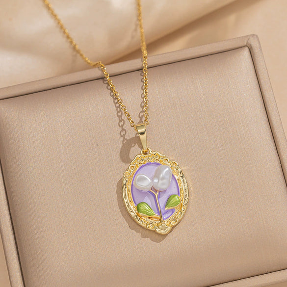 Wholesale French Retro Oil Dropping Baroque Freshwater Pearl Light Luxury Enamel Painted Flower Pendant Necklace In Copper With Geometric Shape And Dripping Oil Process