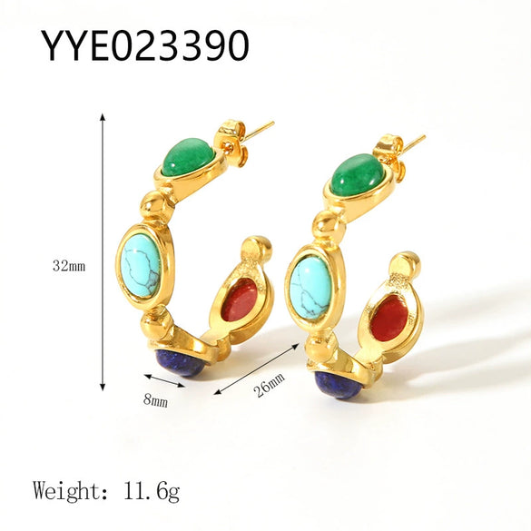 Wholesale French Retro Stainless Steel Cshaped Earrings With Inlaid Natural Stone 18K Goldplated By Vacuum Real Gold Electroplating In Pvd Furnace
