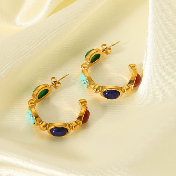 Wholesale French Retro Stainless Steel Cshaped Earrings With Inlaid Natural Stone 18K Goldplated By Vacuum Real Gold Electroplating In Pvd Furnace