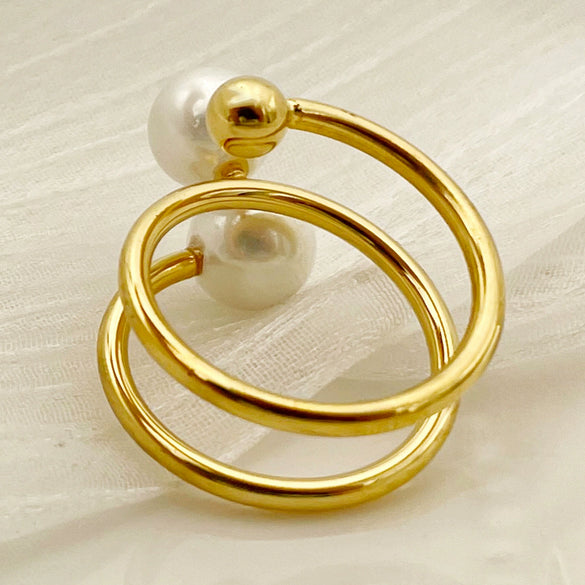 Wholesale French Retro Style Multilayer Freshwater Pearl Gold Bead Ring Stainless Steel Electroplated Handpiece