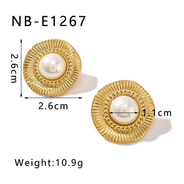 Wholesale French Retro Style Pleated Inlaid Pearl Earrings For Women Titanium Steel With 18K Vacuum Plating In Furnace And Electroplating