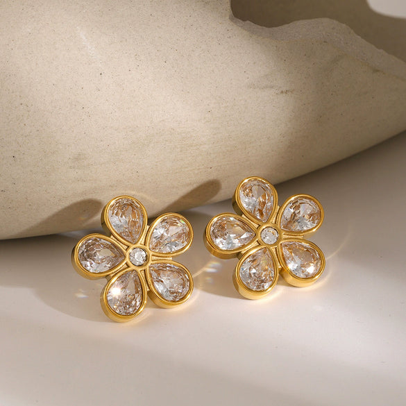 Wholesale French Retro Style Stainless Steel Flowershaped Zircon Earrings With Electroplating For Women